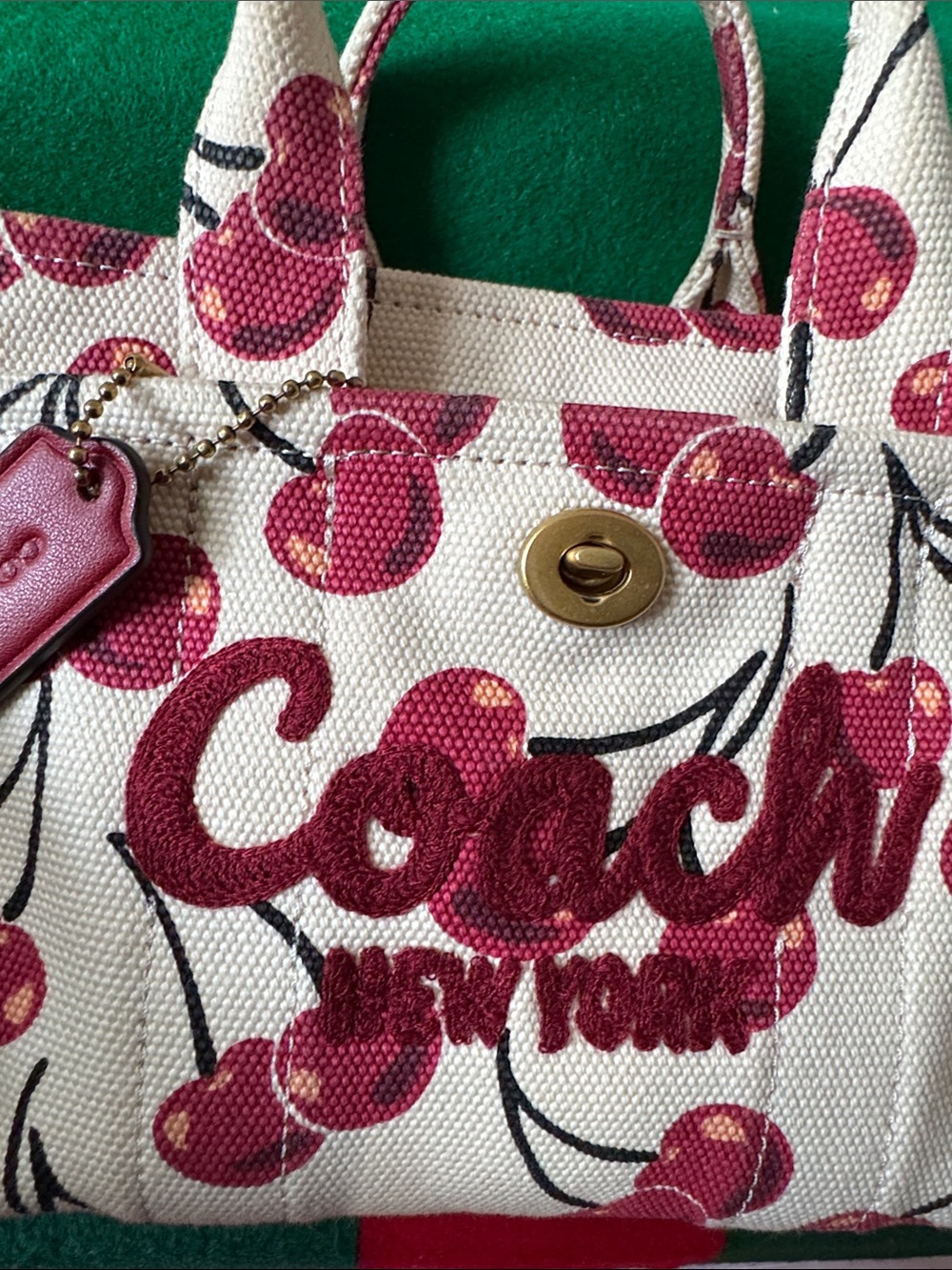 🍒Coach Cream Canvas Mini Tote with Pink Cherry Print and ❤️red Strap🍒 - Picture 8 of 17